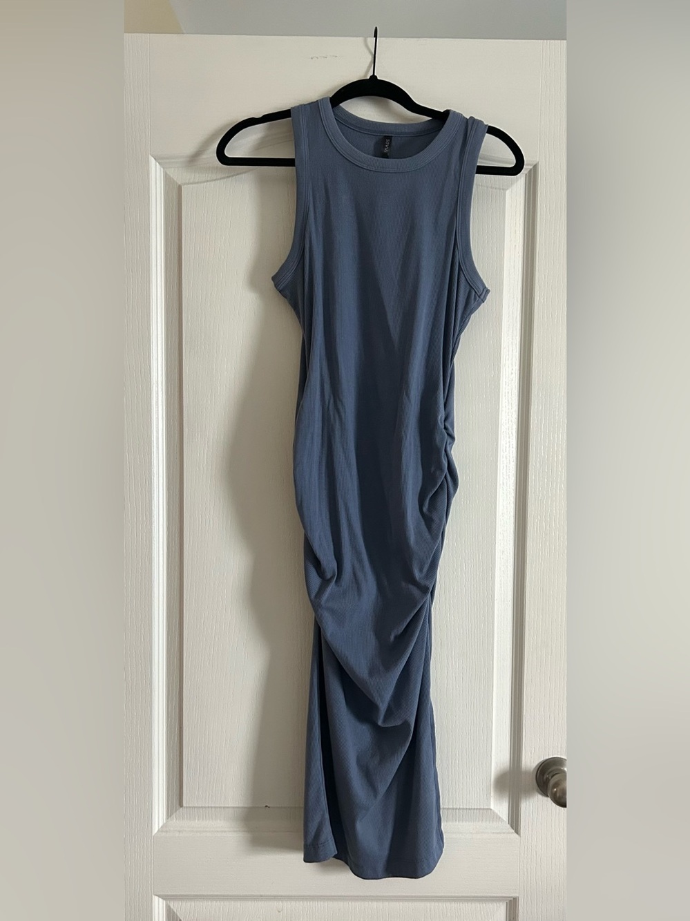 Sleeveless Slate Blue Midi Dress with Ruched Side and slit